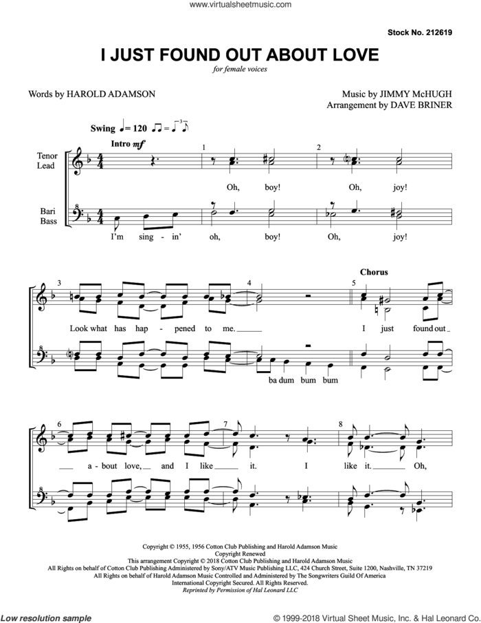 I Just Found out About Love (arr. Dave Briner) sheet music for choir (SSAA: soprano, alto) by Nat King Cole, Dave Briner, Harold Adamson and Jimmy McHugh, intermediate skill level