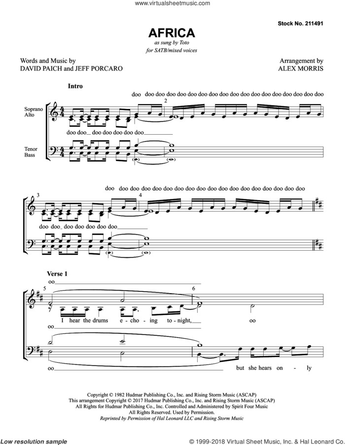 Africa (arr. Alex Morris) sheet music for choir (SATB: soprano, alto, tenor, bass) by Toto, Alex Morris, David Paich and Jeff Porcaro, intermediate skill level