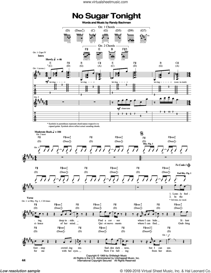 No Sugar Tonight sheet music for guitar (tablature) by The Guess Who, intermediate skill level