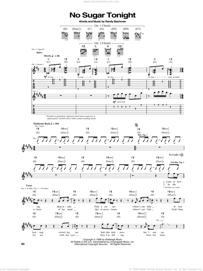 No Sugar Tonight sheet music for guitar (tablature) by The Guess Who, intermediate skill level