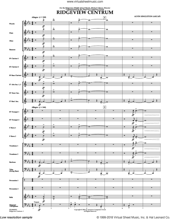 Ridgeview Centrum sheet music for concert band (full score) by Alvin Singleton, intermediate skill level