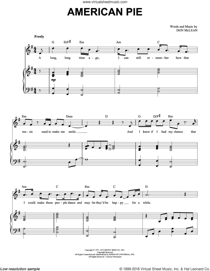 American Pie sheet music for voice and piano by Don McLean, intermediate skill level