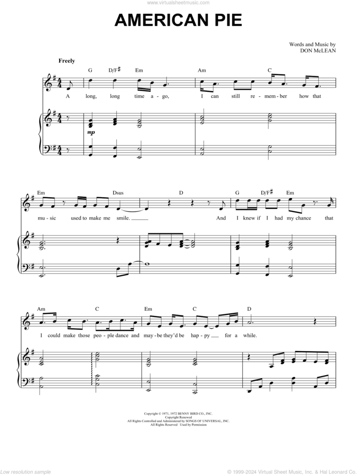 American Pie sheet music for voice and piano by Don McLean, intermediate skill level