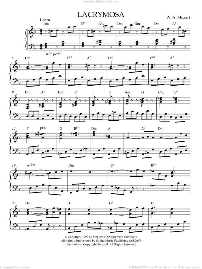 Lacrymosa, K. 626 sheet music for piano solo by Wolfgang Amadeus Mozart, classical score, intermediate skill level