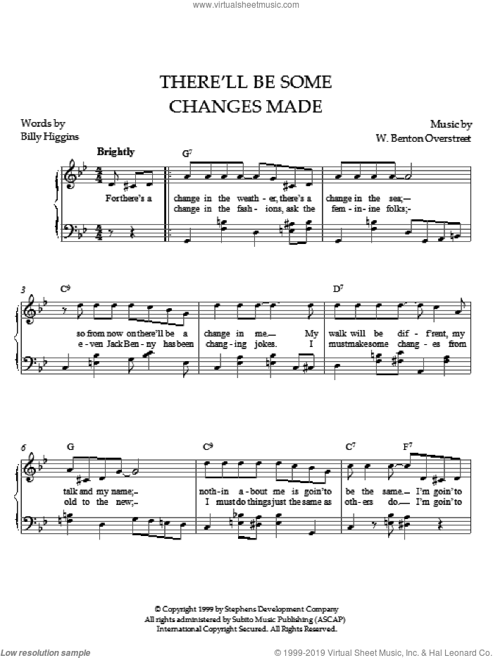 There'll Be Some Changes Made sheet music for piano solo by Paul Overstreet, Billy Higgins and W. Benton Overstreet, intermediate skill level