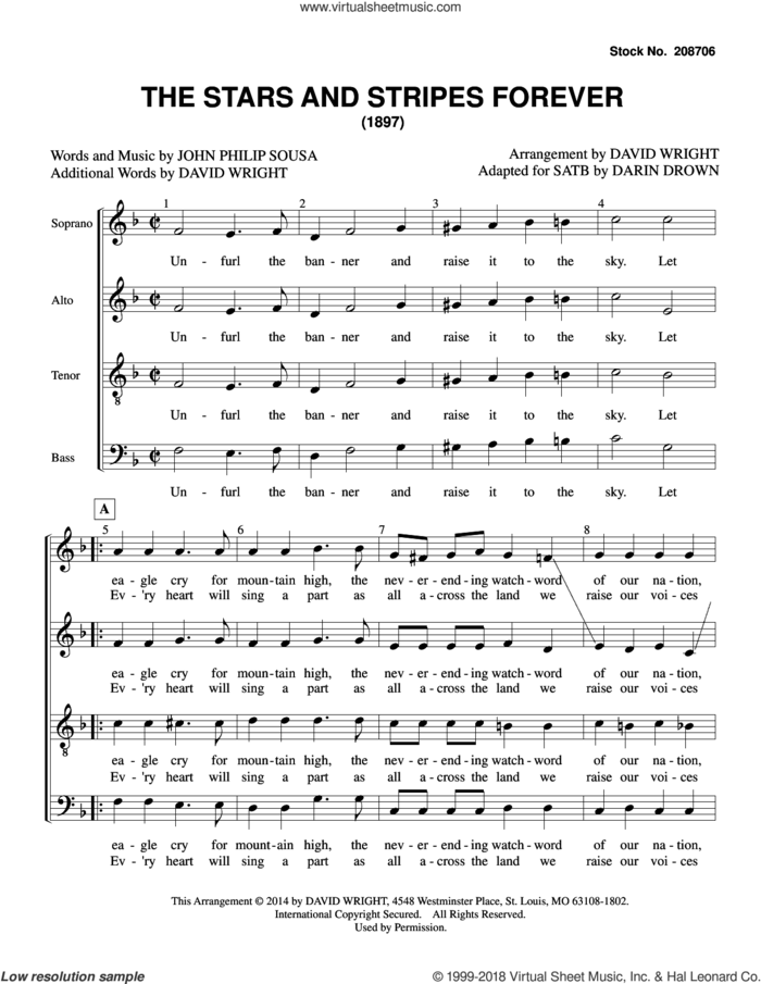 The Stars and Stripes Forever (arr. David Wright) sheet music for choir (SATB: soprano, alto, tenor, bass) by John Philip Sousa and David Wright, intermediate skill level