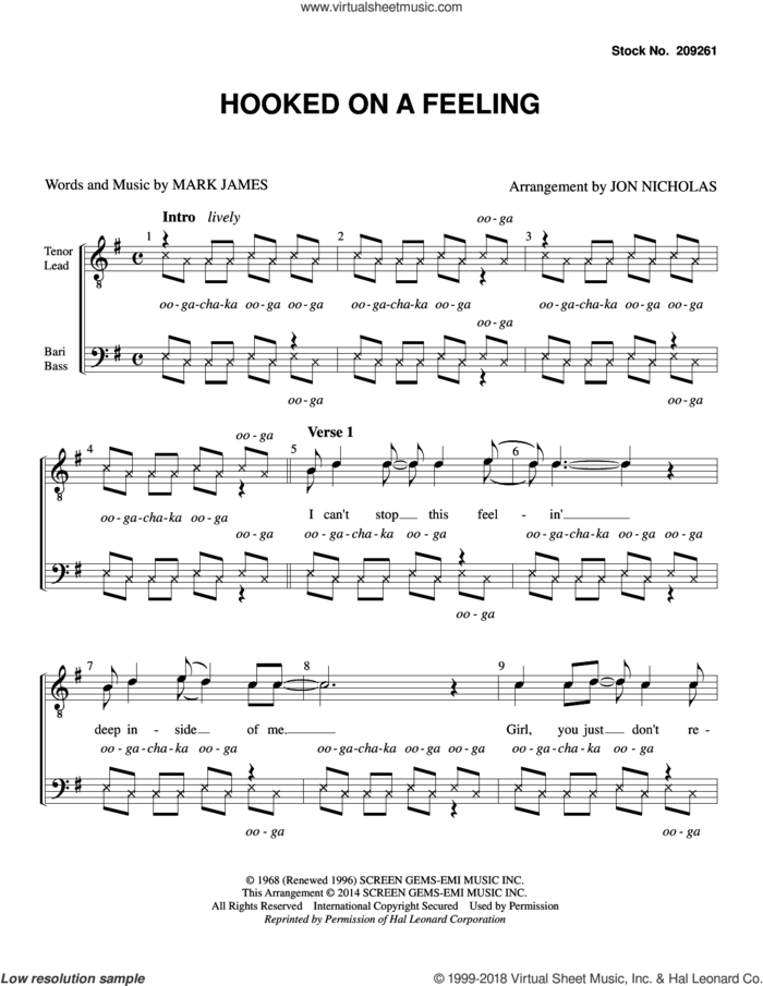 Hooked On A Feeling (arr. Jon Nicholas) sheet music for choir (TTBB: tenor, bass) by Blue Suede, Jon Nicholas, B.J. Thomas and Mark James, intermediate skill level