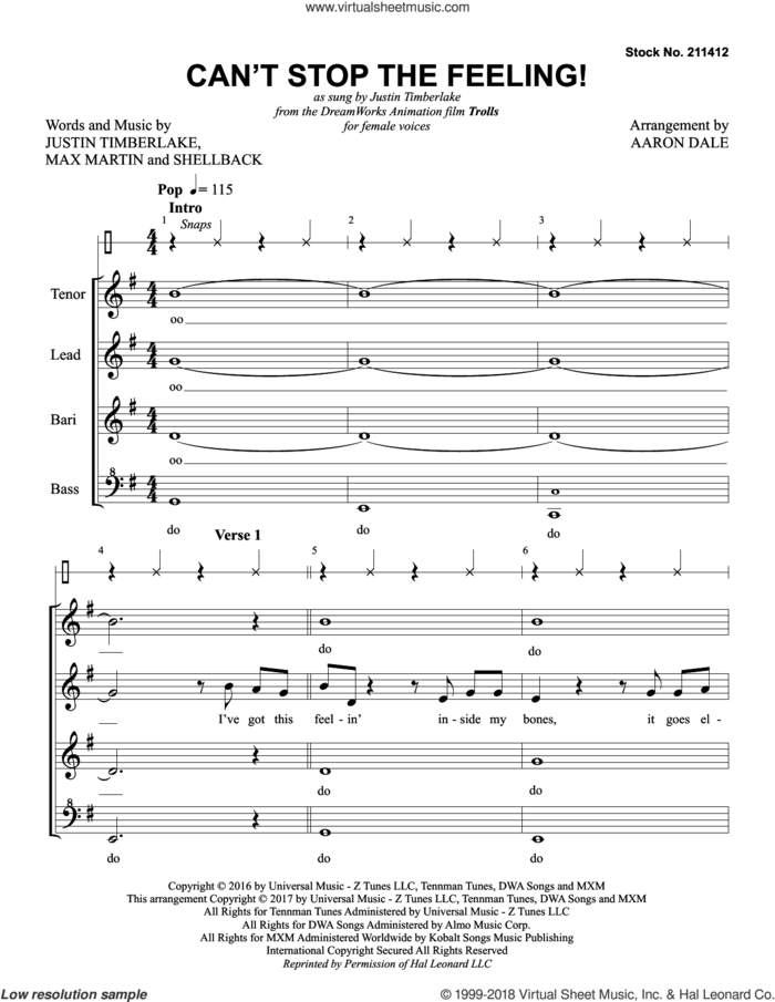 Can't Stop the Feeling! (arr. Aaron Dale) sheet music for choir (SSAA: soprano, alto) by Justin Timberlake, Aaron Dale, Johan Schuster, Max Martin and Shellback, intermediate skill level