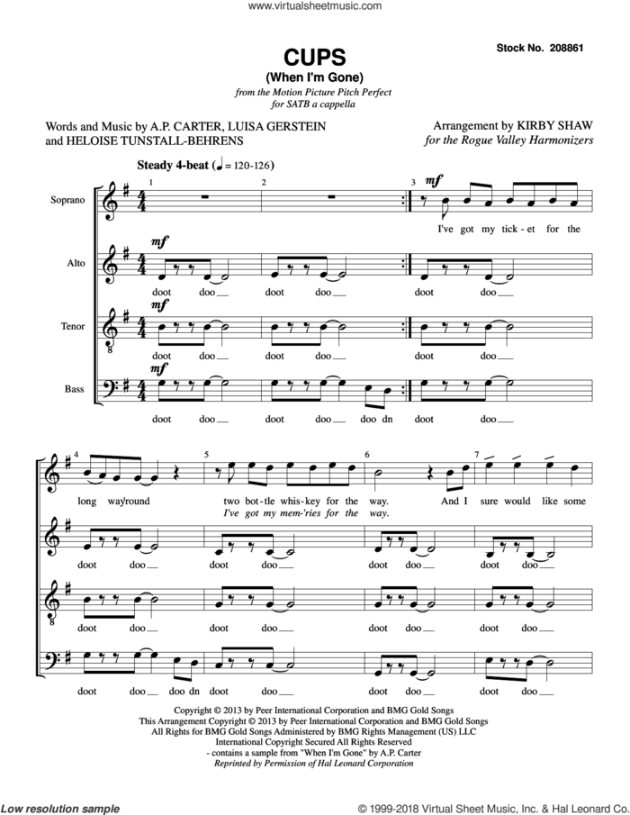Cups (When I'm Gone) (from Pitch Perfect) (arr. Kirby Shaw) sheet music for choir (SATB: soprano, alto, tenor, bass) by Anna Kendrick, Kirby Shaw, A.P. Carter, Heloise Tunstall-Behrens and Luisa Gerstein, intermediate skill level