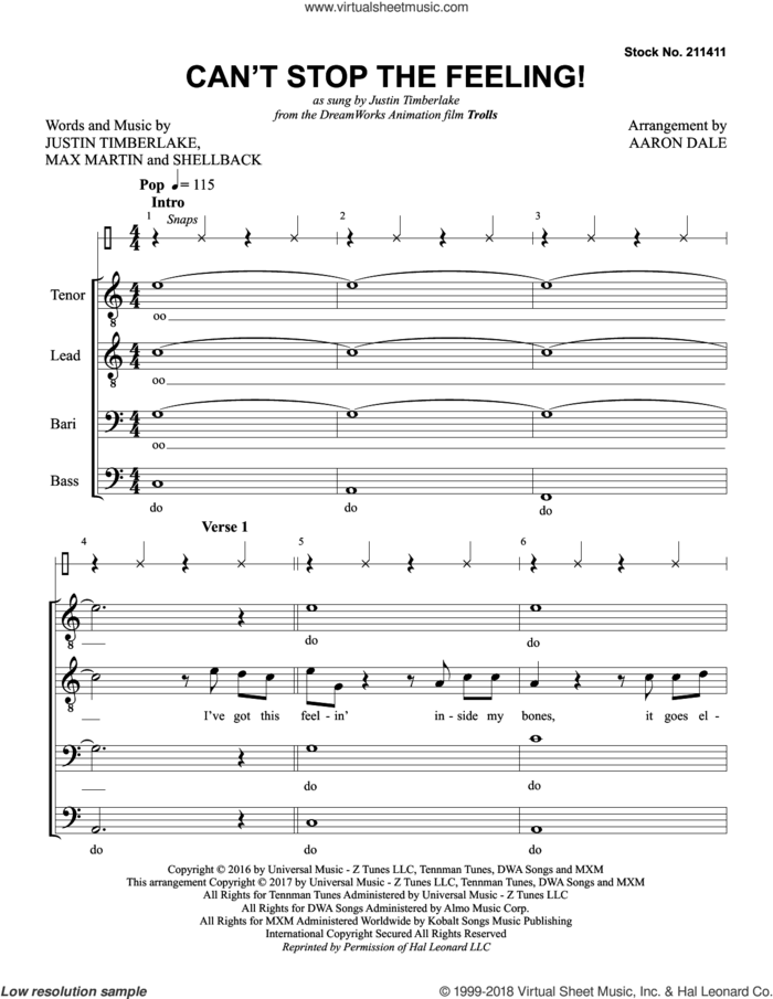 Can't Stop the Feeling! (arr. Aaron Dale) sheet music for choir (TTBB: tenor, bass) by Justin Timberlake, Aaron Dale, Johan Schuster, Max Martin and Shellback, intermediate skill level