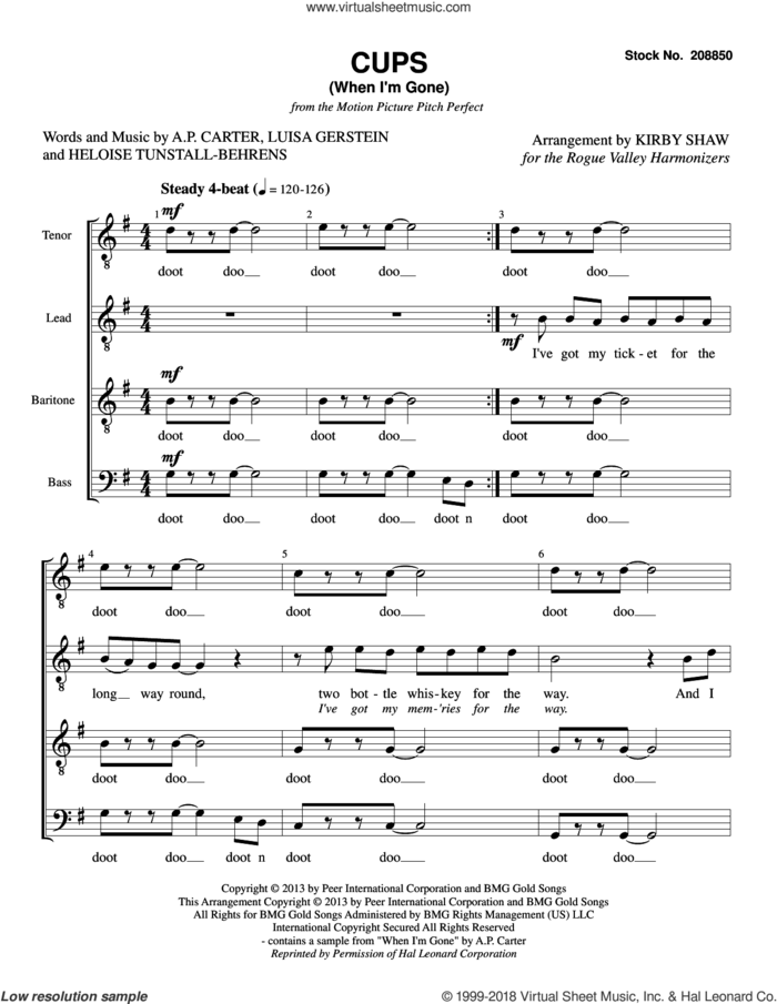 Cups (When I'm Gone) (from Pitch Perfect) (arr. Kirby Shaw) sheet music for choir (TTBB: tenor, bass) by Anna Kendrick, Kirby Shaw, A.P. Carter, Heloise Tunstall-Behrens and Luisa Gerstein, intermediate skill level