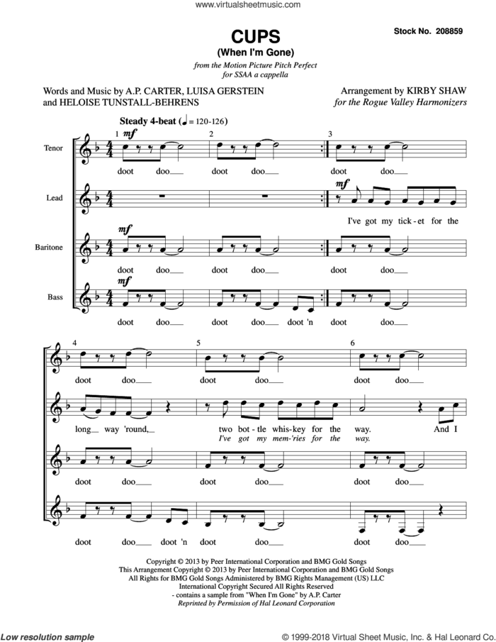 Cups (When I'm Gone) (from Pitch Perfect) (arr. Kirby Shaw) sheet music for choir (SSAA: soprano, alto) by Anna Kendrick, Kirby Shaw, A.P. Carter, Heloise Tunstall-Behrens and Luisa Gerstein, intermediate skill level