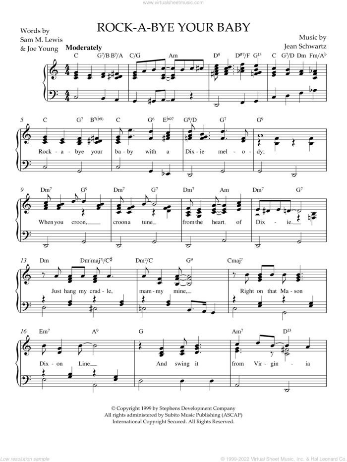 Rock-A-Bye Your Baby (With A Dixie Melody) sheet music for piano solo by Arthur Schwartz, intermediate skill level