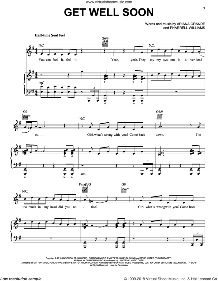 Get Well Soon sheet music for voice, piano or guitar by Ariana Grande and Pharrell Williams, intermediate skill level