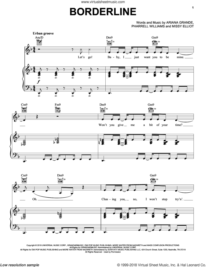 Borderline (feat. Missy Elliot) sheet music for voice, piano or guitar by Ariana Grande, Ariana Grande feat. Missy Elliot, Missy Elliot and Pharrell Williams, intermediate skill level