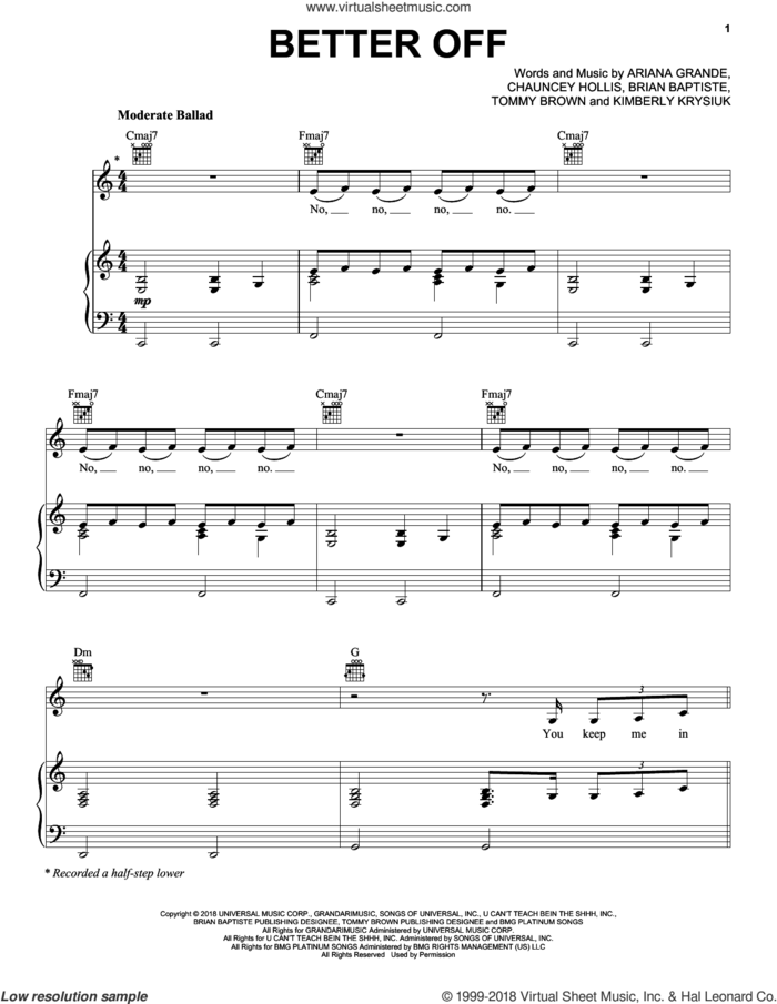 Better Off sheet music for voice, piano or guitar by Ariana Grande, Brian Baptiste, Chauncey Hollis, Kimberly Krysiuk and Tommy Brown, intermediate skill level