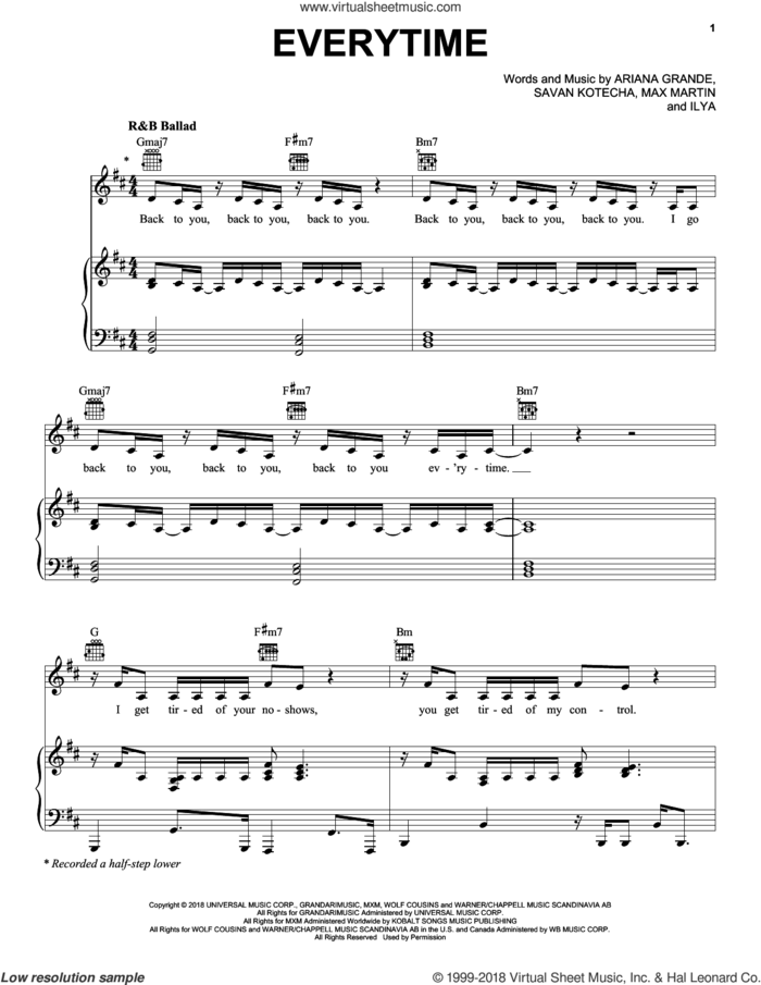 Everytime sheet music for voice, piano or guitar by Ariana Grande, Ilya, Max Martin and Savan Kotecha, intermediate skill level