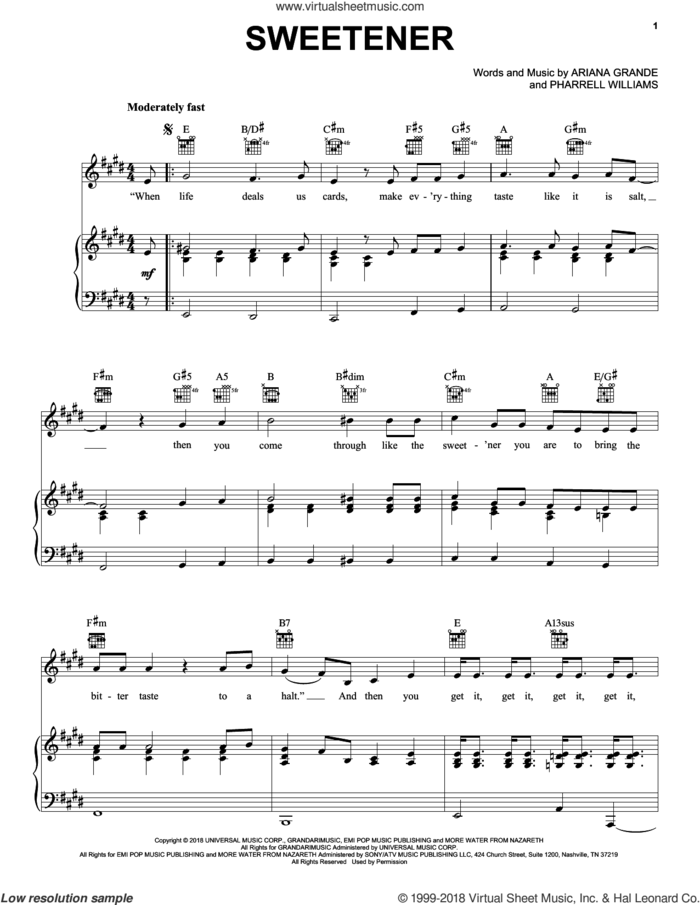 sweetener sheet music for voice, piano or guitar by Ariana Grande and Pharrell Williams, intermediate skill level