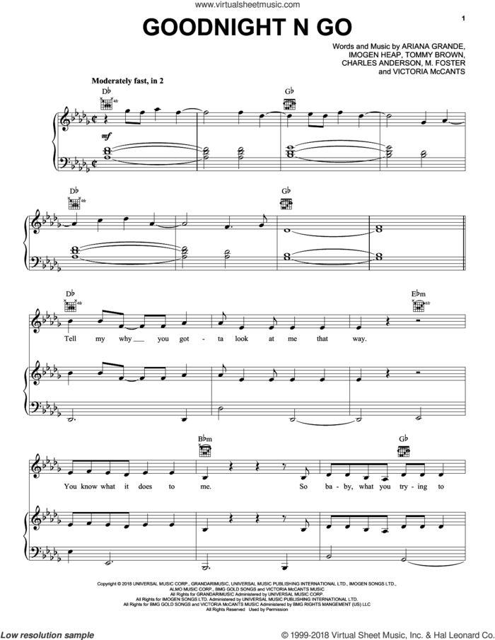 Goodnight N Go sheet music for voice, piano or guitar by Ariana Grande, Charles Anderson, Imogen Heap, M. Foster, Tommy Brown and Victoria McCants, intermediate skill level