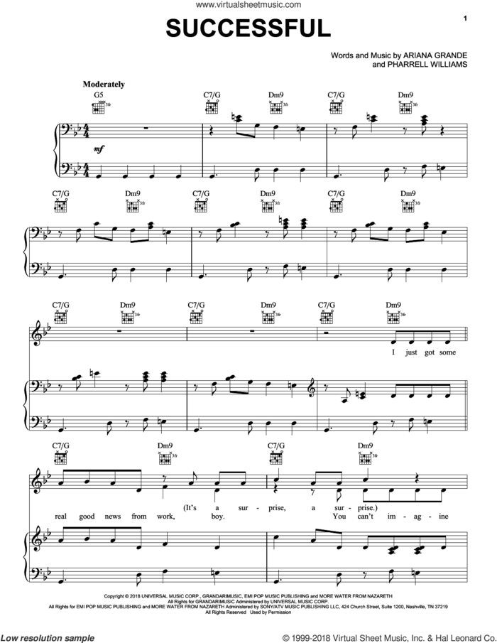 Successful sheet music for voice, piano or guitar by Ariana Grande and Pharrell Williams, intermediate skill level