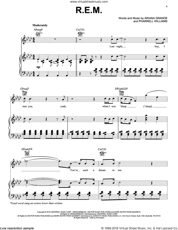 R.E.M. sheet music for voice, piano or guitar by Ariana Grande and Pharrell Williams, intermediate skill level