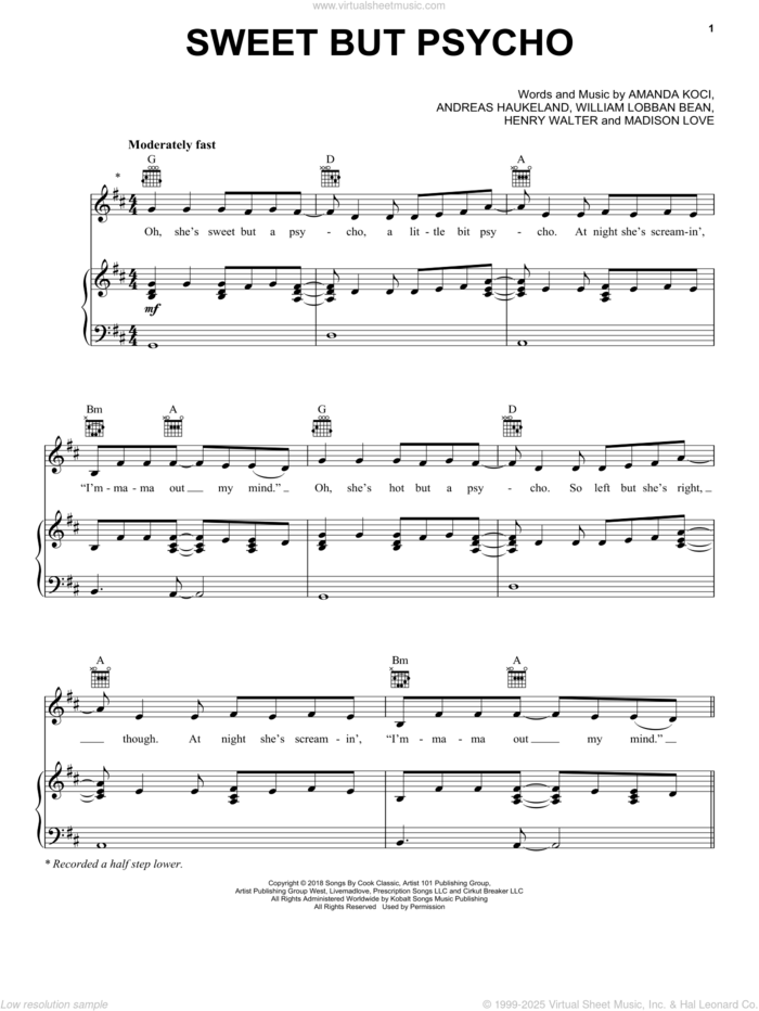 Sweet But Psycho sheet music for voice, piano or guitar by Ava Max, Amanda Koci, Andreas Haukeland, Henry Walter, Madison Love and William Lobban Bean, intermediate skill level