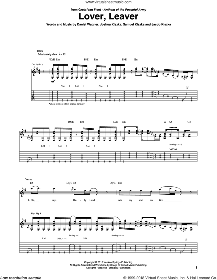 Lover, Leaver sheet music for guitar (tablature) by Greta Van Fleet, Daniel Wagner, Jacob Kiszka, Joshua Kiszka and Samuel Kiszka, intermediate skill level