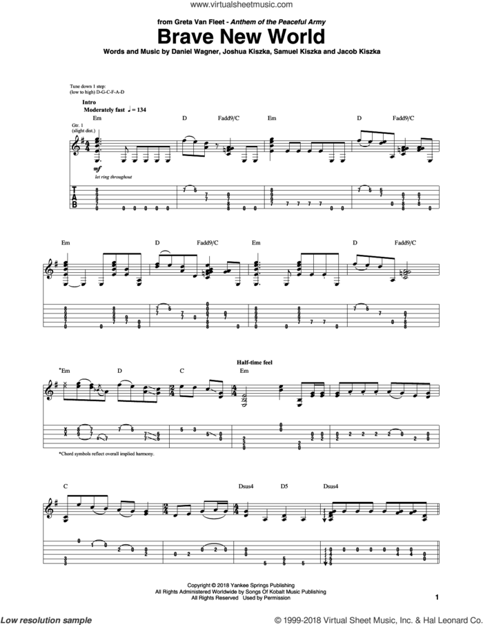 Brave New World sheet music for guitar (tablature) by Greta Van Fleet, Daniel Wagner, Jacob Kiszka, Joshua Kiszka and Samuel Kiszka, intermediate skill level