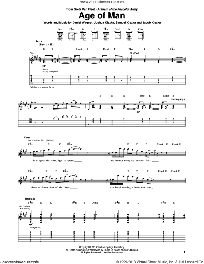 Age Of Man sheet music for guitar (tablature) by Greta Van Fleet, Daniel Wagner, Jacob Kiszka, Joshua Kiszka and Samuel Kiszka, intermediate skill level