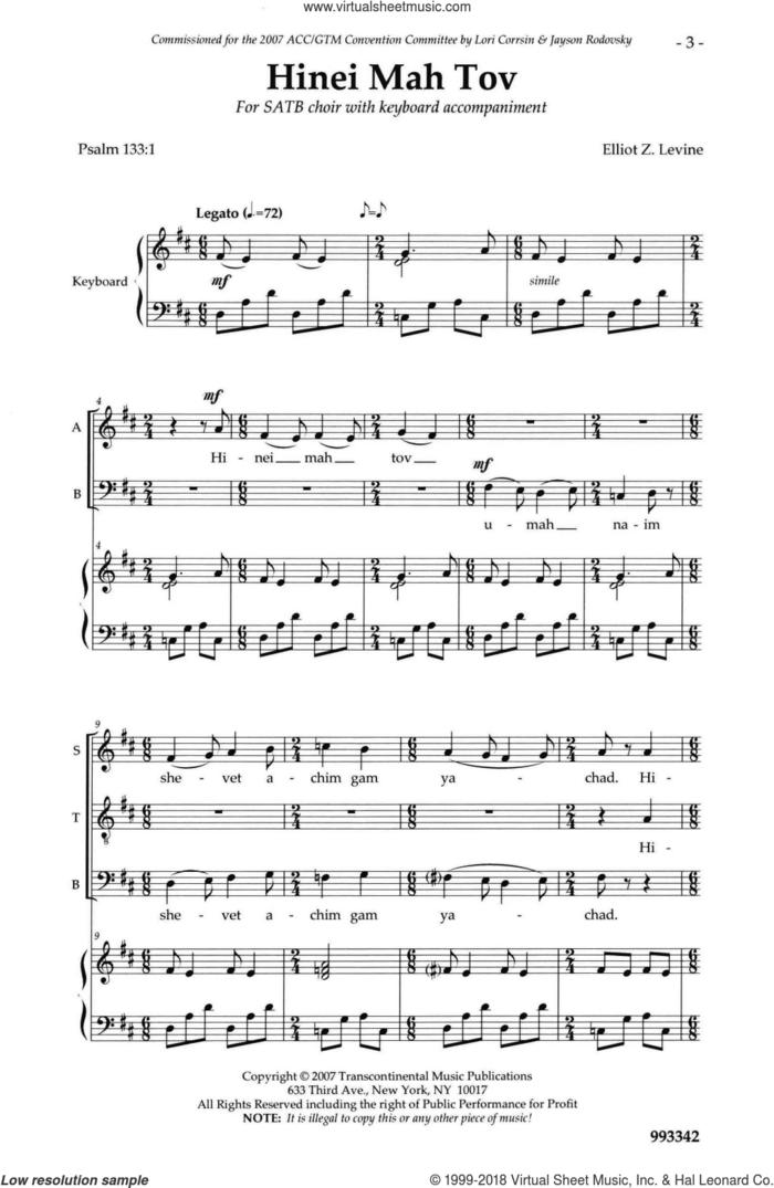 Hinei Mah Tov sheet music for choir (SATB: soprano, alto, tenor, bass) by Elliot Levine, classical score, intermediate skill level
