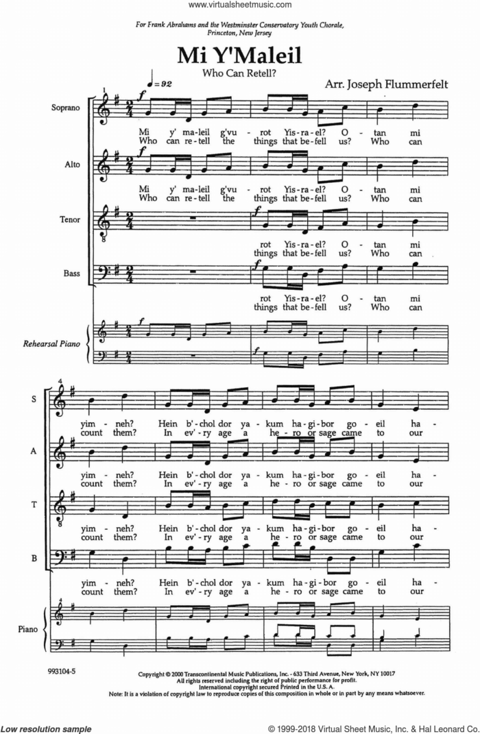 Mi Y'maleil (Who Can Retell?) sheet music for choir (SATB: soprano, alto, tenor, bass) by Joseph Flummerfelt, intermediate skill level
