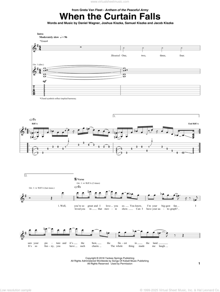 When The Curtain Falls sheet music for guitar (tablature) by Greta Van Fleet, Daniel Wagner, Jacob Kiszka, Joshua Kiszka and Samuel Kiszka, intermediate skill level