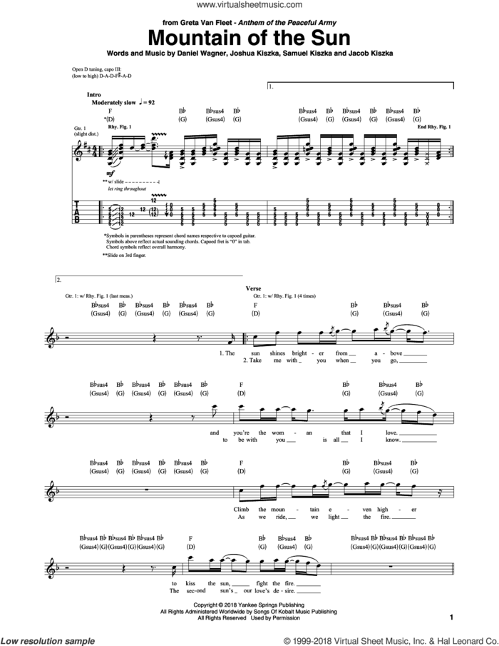 Mountain Of The Sun sheet music for guitar (tablature) by Greta Van Fleet, Daniel Wagner, Jacob Kiszka, Joshua Kiszka and Samuel Kiszka, intermediate skill level