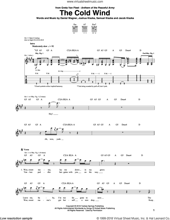 The Cold Wind sheet music for guitar (tablature) by Greta Van Fleet, Daniel Wagner, Jacob Kiszka, Joshua Kiszka and Samuel Kiszka, intermediate skill level