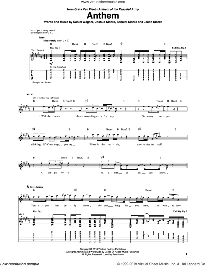 Anthem sheet music for guitar (tablature) by Greta Van Fleet, Daniel Wagner, Jacob Kiszka, Joshua Kiszka and Samuel Kiszka, intermediate skill level