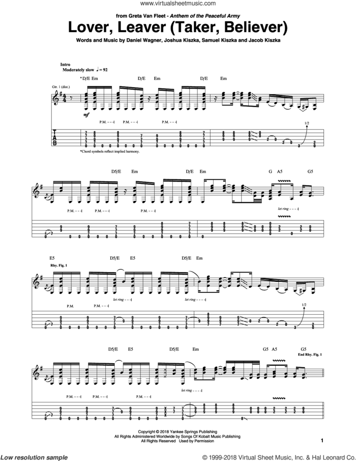 Lover, Leaver (Taker, Believer) sheet music for guitar (tablature) by Greta Van Fleet, Daniel Wagner, Jacob Kiszka, Joshua Kiszka and Samuel Kiszka, intermediate skill level