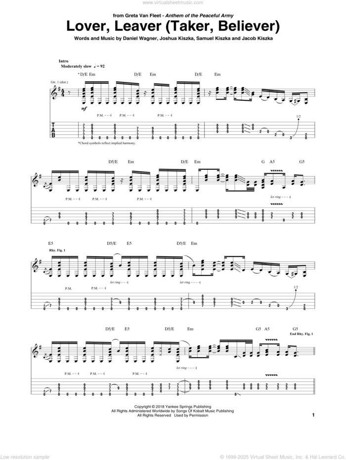 Lover, Leaver (Taker, Believer) sheet music for guitar (tablature) by Greta Van Fleet, Daniel Wagner, Jacob Kiszka, Joshua Kiszka and Samuel Kiszka, intermediate skill level