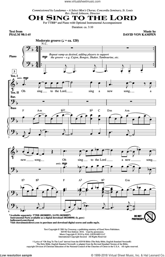 Oh Sing To The Lord sheet music for choir (TTBB: tenor, bass) by David Von Kampen and Psalm 98:1-4 from ESV Bible, intermediate skill level