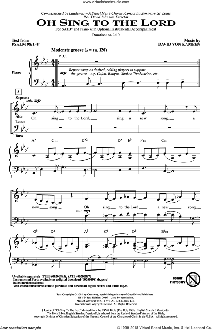 Oh Sing To The Lord sheet music for choir (SATB: soprano, alto, tenor, bass) by David Von Kampen and Psalm 98:1-4 from ESV Bible, intermediate skill level
