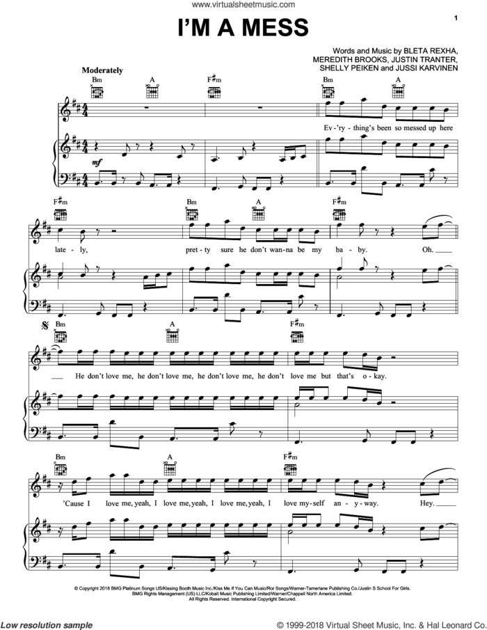 I'm A Mess sheet music for voice, piano or guitar by Bebe Rexha, Bleta Rexha, Jussi Karvinen, Justin Tranter, Meredith Brooks and Shelly Peiken, intermediate skill level
