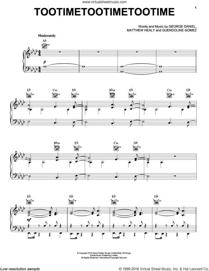 TOOTIMETOOTIMETOOTIME sheet music for voice, piano or guitar by The 1975, George Daniel, Guendoline Gomez and Matthew Healy, intermediate skill level