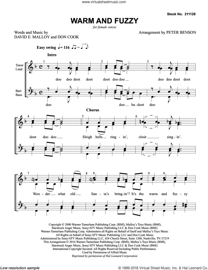 Warm and Fuzzy (arr. Peter Benson) sheet music for choir (SSAA: soprano, alto) by Billy Gilman, Peter Benson, David Malloy and Don Cook, intermediate skill level