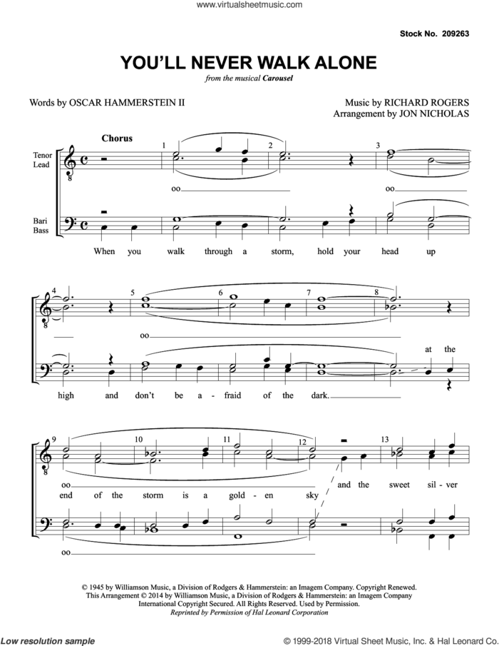 You'll Never Walk Alone (from Carousel) (arr. Jon Nicholas) sheet music for choir (TTBB: tenor, bass) by Rodgers & Hammerstein, Jon Nicholas, Oscar II Hammerstein and Richard Rodgers, intermediate skill level