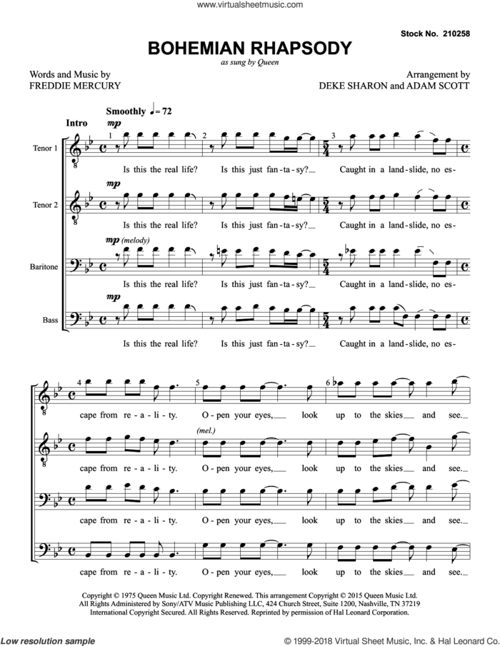 Bohemian Rhapsody (arr. Deke Sharon and Adam Scott) sheet music for choir (TTBB: tenor, bass) by Queen, Adam Scott, Deke Sharon and Freddie Mercury, intermediate skill level