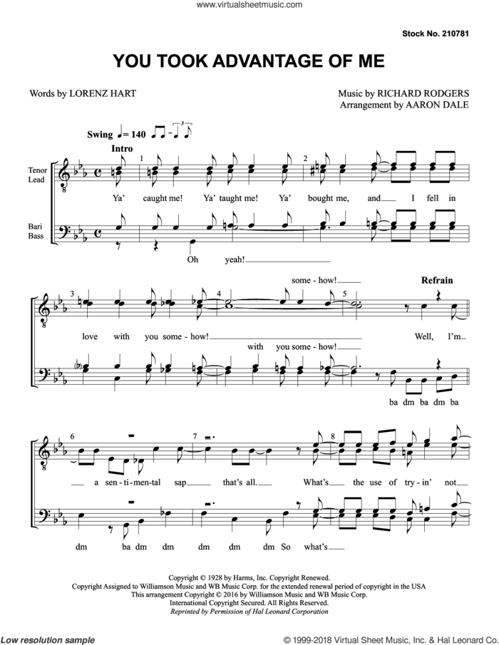 You Took Advantage of Me (arr. Aaron Dale) sheet music for choir (TTBB: tenor, bass) by Rodgers & Hart, Aaron Dale, Lorenz Hart and Richard Rodgers, intermediate skill level