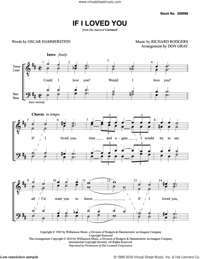 If I Loved You (from Carousel) (arr. Don Gray) sheet music for choir (TTBB: tenor, bass) by Rodgers & Hammerstein, Don Gray, Oscar II Hammerstein and Richard Rodgers, intermediate skill level