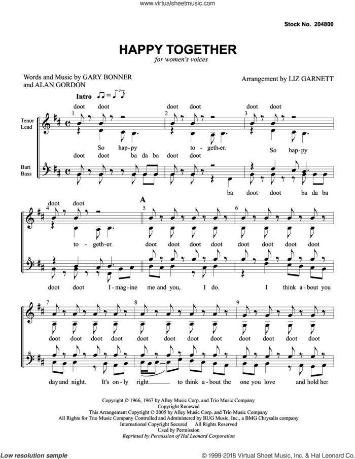 Happy Together (arr. Liz Garnett) sheet music for choir (SSAA: soprano, alto) by The Turtles, Liz Garnett, Alan Gordon and Garry Bonner, intermediate skill level