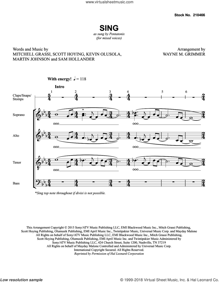 Sing (arr. Wayne Grimmer) sheet music for choir (SATB: soprano, alto, tenor, bass) by Pentatonix, Wayne Grimmer, Kevin Olusola, Martin Johnson, Mitchell Grassi, Sam Hollander and Scott Hoying, intermediate skill level