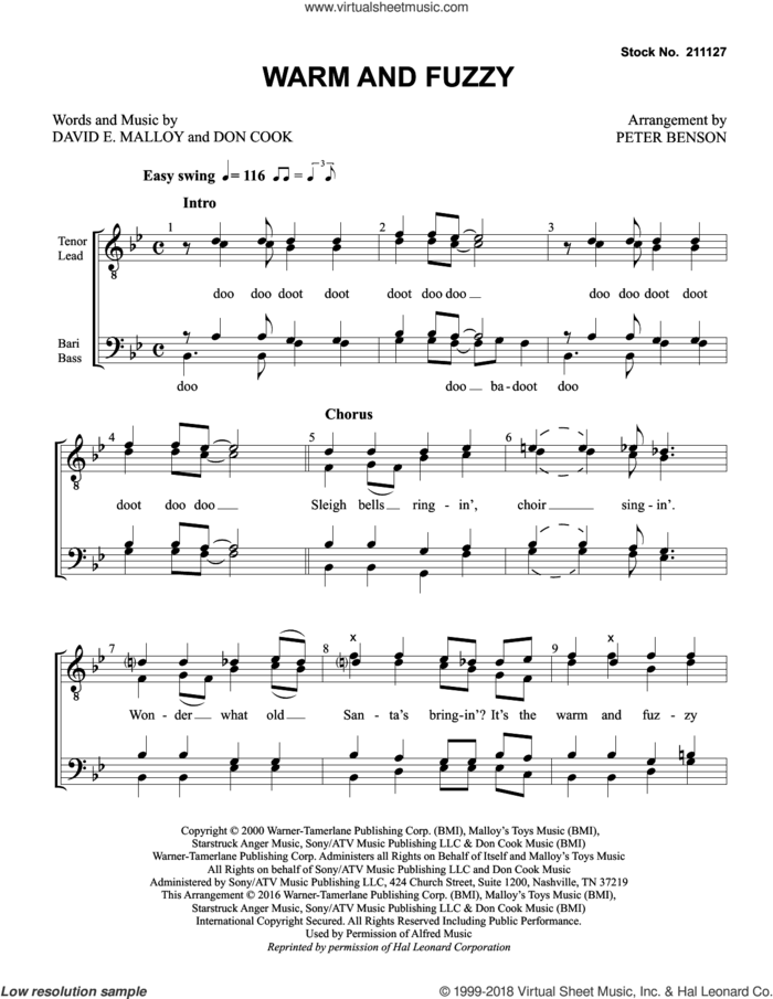 Warm and Fuzzy (arr. Peter Benson) sheet music for choir (TTBB: tenor, bass) by Billy Gilman, Peter Benson, David Malloy and Don Cook, intermediate skill level