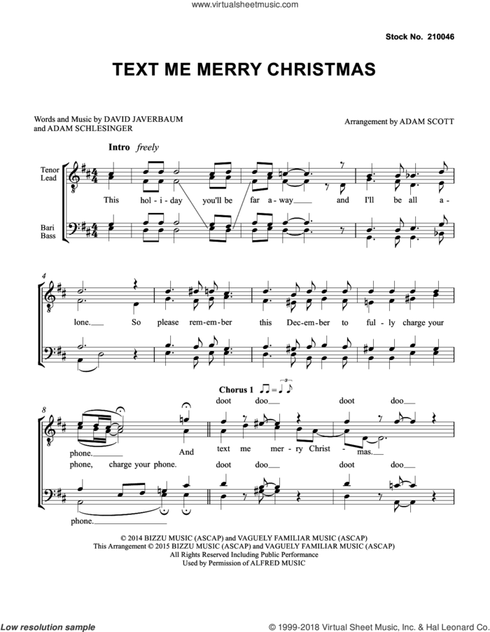 Text Me Merry Christmas (arr. Adam Scott) sheet music for choir (TTBB: tenor, bass) by Straight No Chaser feat. Kristen Bell, Adam Scott, Adam Schlesinger and David Javerbaum, intermediate skill level
